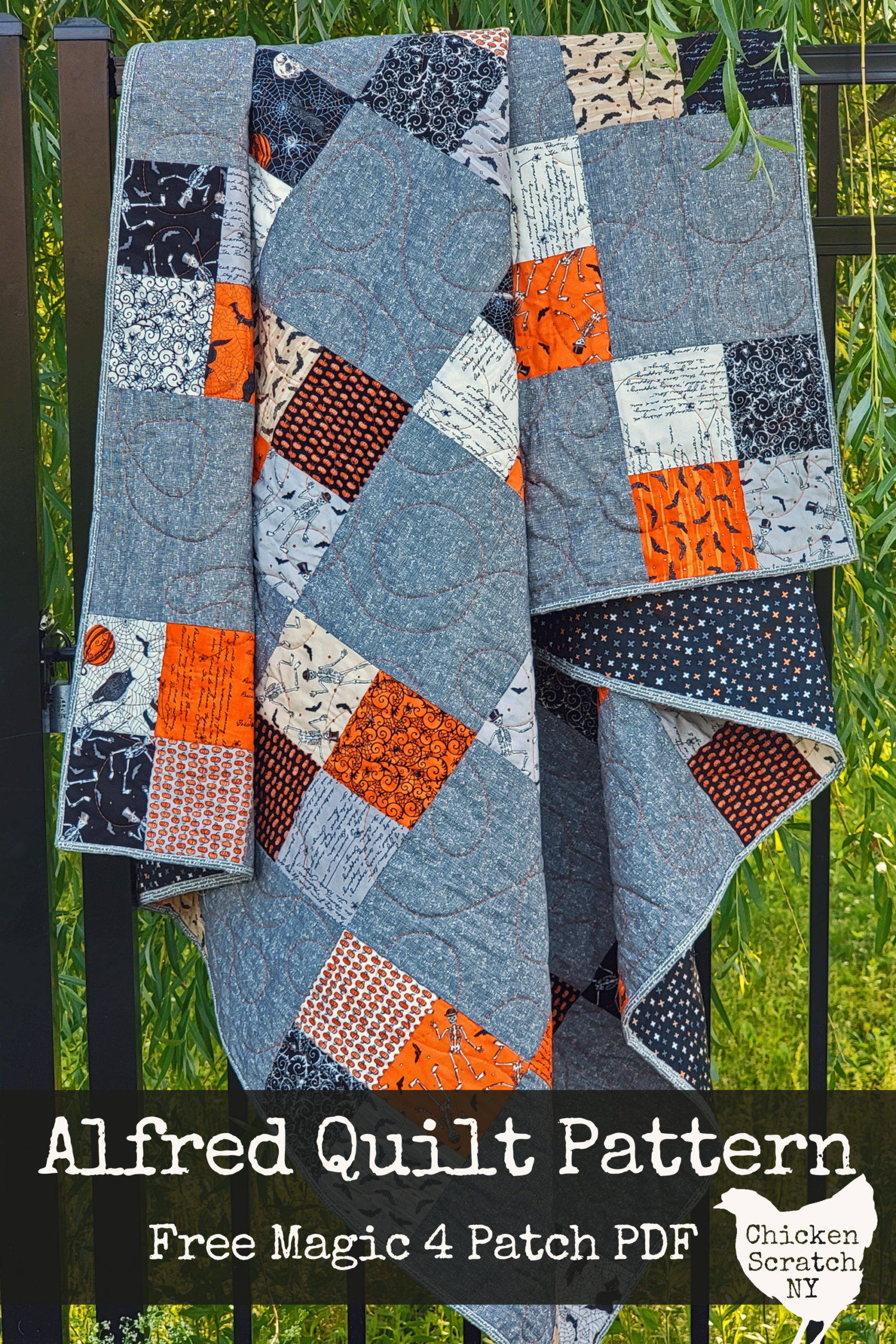 alfred quilt made with Halloween fabric hanging on a metal fence with text overlay stating "Alfred Quilt Pattern Free magic 4 patch PDF"