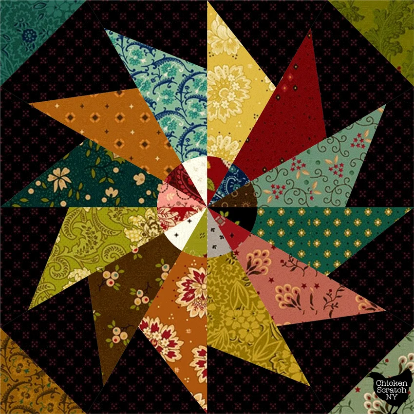 Vintage Sunburst Quilt block mock up in Quiet Grace Fabric by Kim Diehl