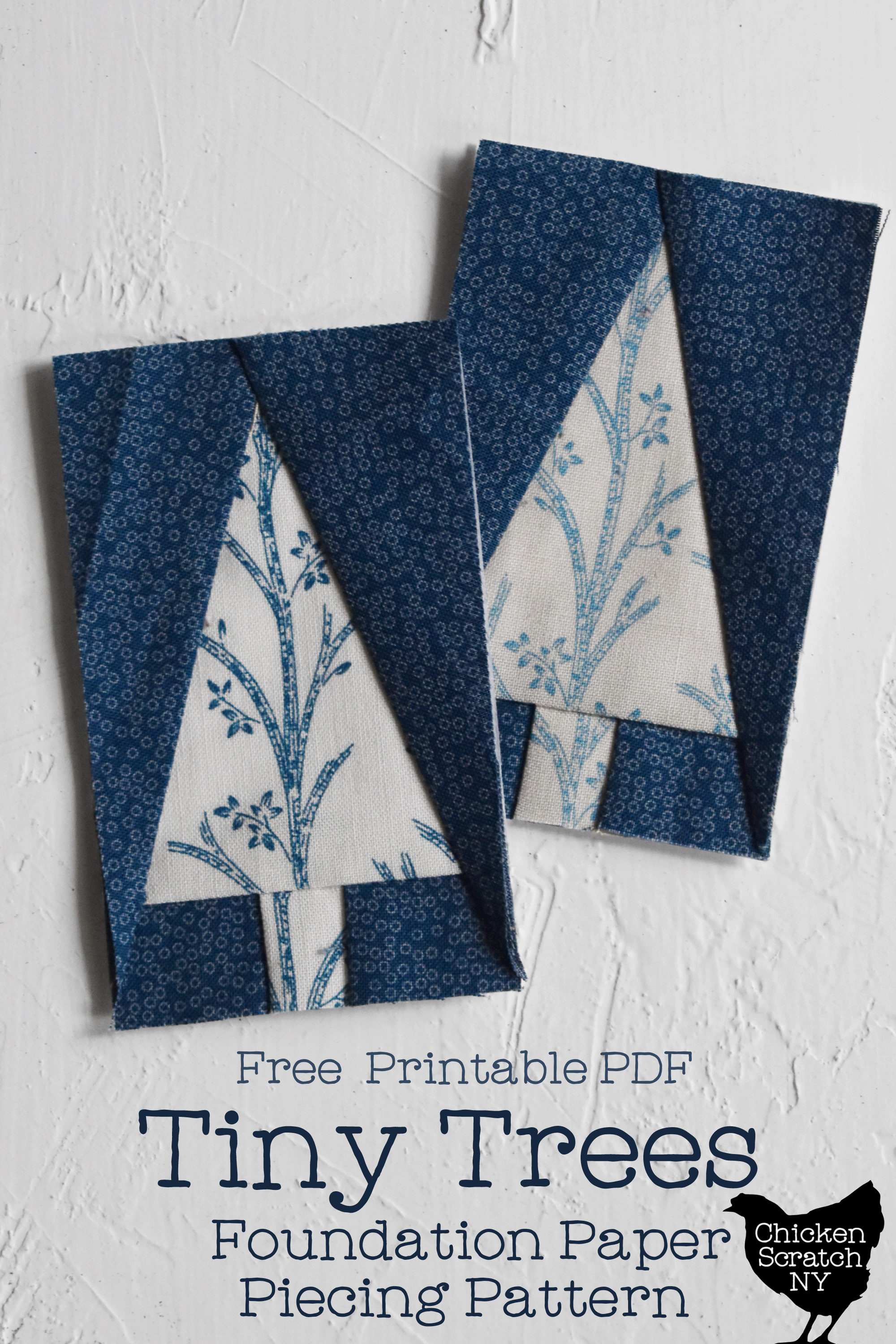 two small pine tree foundation paper pieced blocks made with blue and white fabric with text overlay "Free Printable PDF Tiny Trees Foundation Paper Piecing Pattern"