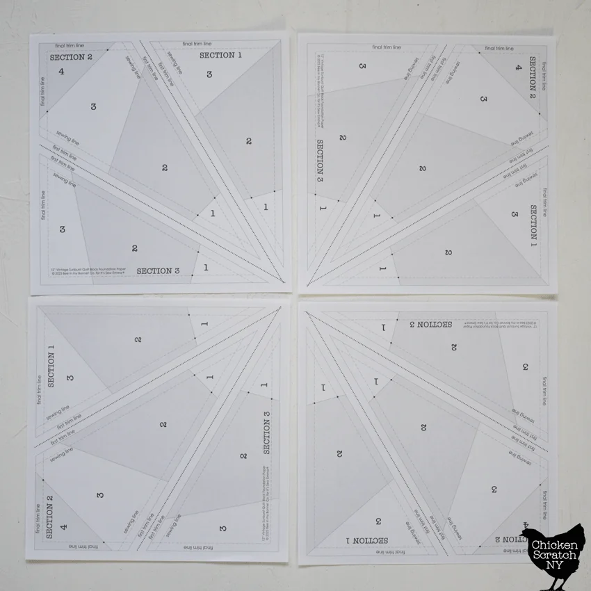 four foundation paper sheets laid out to show a single Vintage Sunburst block