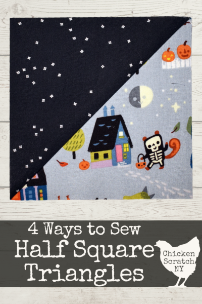 single half square triangle block with half in a black fabric with small white flowers and half featuring a blue Halloween novelty print on a wooden background with text overlay stating "4 ways to sew Half Square Triangles"