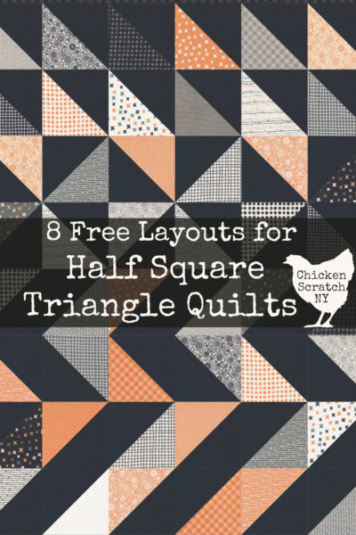 digital mock up of half square triangle quilt blocks arranged in different patterns with text overlay stating "8 Free layouts for Half Square Triangle Quilts"